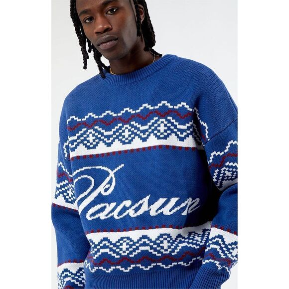 PacSun Fairisle Crew Sweater Large Chunky Nordic Ski Blue Heavyweight Large - Picture 1 of 14